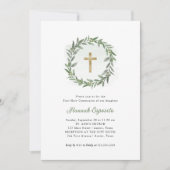 水の色の緑と金ゴールドクロスファースト聖餐式 招待状 (正面)