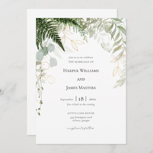 水の色の緑と金ゴールド結婚ズ 招待状 (正面/裏面)