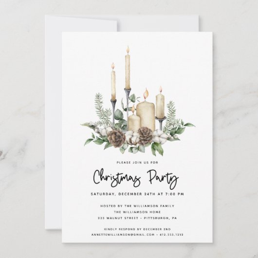 水の色の緑のキャンドルクリスマスパーティー招待状 (正面)