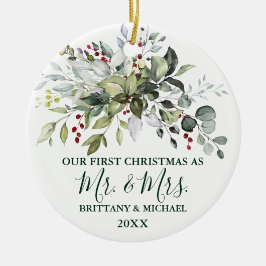 水の色の緑のクリスマスベリーのフォトバック セラミックオーナメント (正面)