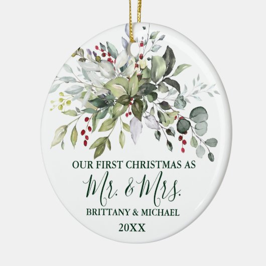 水の色の緑のクリスマスベリーのフォトバック セラミックオーナメント (左)