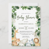 水の色の緑のサファリ動物の男の子の赤ちゃんシャワー 招待状 (正面)