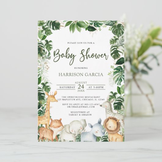 水の色の緑のサファリ動物の男の子の赤ちゃんシャワー 招待状 (スタンド正面)