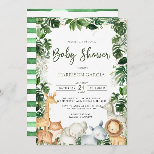 水の色の緑のサファリ動物の男の子の赤ちゃんシャワー 招待状 (正面/裏面)