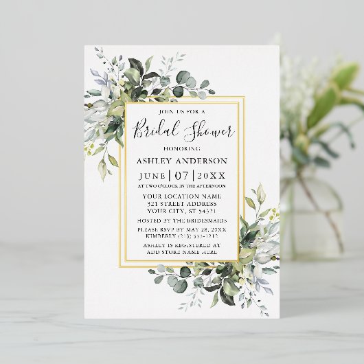 水の色の緑のシャワーセージ緑2フレーム金ゴールド 箔招待状 (立ち正面)