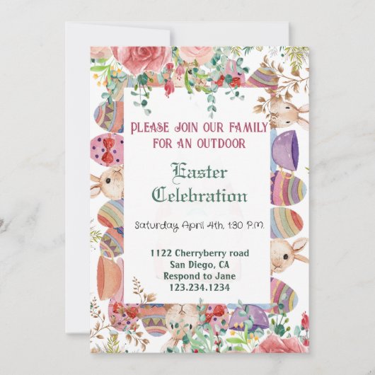 水の色の緑のフローラバニーイースターエッグフレーム 招待状 (正面)