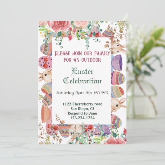 水の色の緑のフローラバニーイースターエッグフレーム 招待状 (スタンド正面)