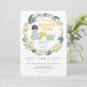 水の色の緑のボンジュールボーイベビーシャワー 招待状 (スタンド正面)