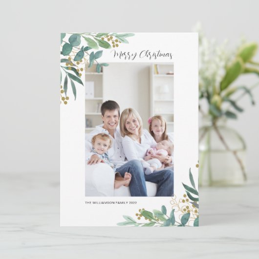 水の色の緑のメリークリスマスフォト シーズンカード (スタンド正面)