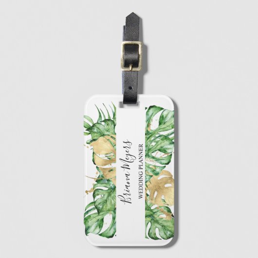 水の色の緑のヤシの葉金ゴールドトロピカル ラゲッジタグ (正面縦)