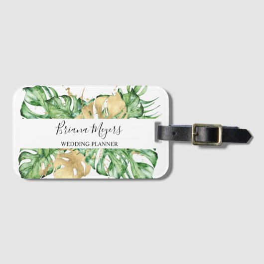 水の色の緑のヤシの葉金ゴールドトロピカル ラゲッジタグ (正面横)