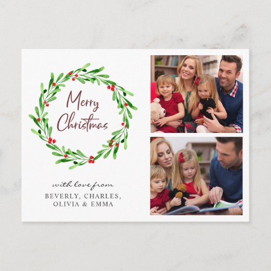 水の色の緑のリースクリスマスフォトホリデー ポストカード (正面)