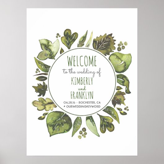 水の色の緑のリース結婚のウェルカムサイン ポスター (正面)