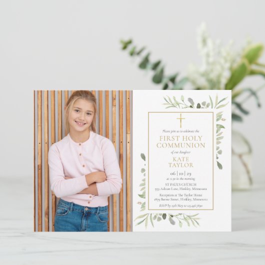 水の色の緑の写真最初の聖餐式 招待状 (スタンド正面)