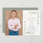 水の色の緑の写真最初の聖餐式 招待状 (正面/裏面)