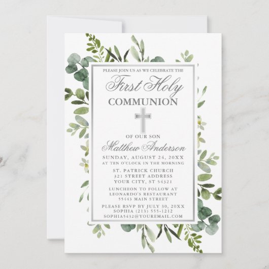 水の色の緑の最初のコミュニオンシルバー 招待状 (正面)