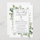 水の色の緑の最初のコミュニオンシルバー 招待状 (正面/裏面)