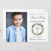 水の色の緑の最初のコミューニオンシルバーフォト 招待状 (正面/裏面)