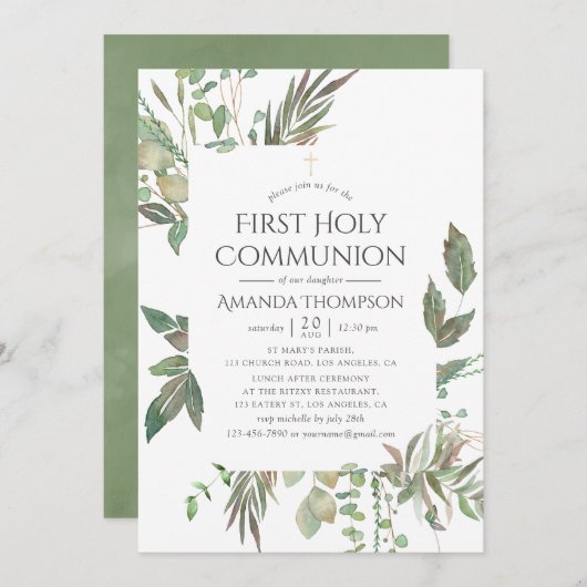 水の色の緑の最初の聖餐式 招待状 (正面/裏面)