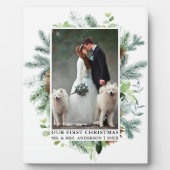 水の色の緑の松私たちの初めてのクリスマス写真 フォトプラーク (正面)