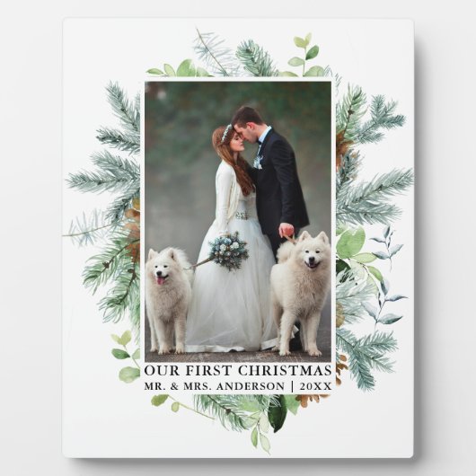 水の色の緑の松私たちの初めてのクリスマス写真 フォトプラーク (正面)
