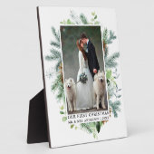 水の色の緑の松私たちの初めてのクリスマス写真 フォトプラーク (側面)