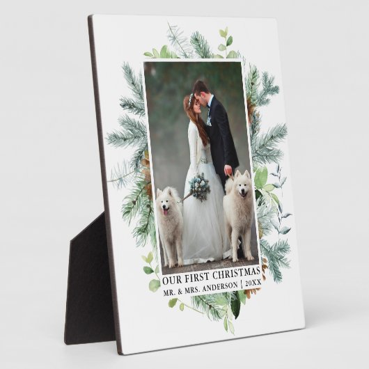 水の色の緑の松私たちの初めてのクリスマス写真 フォトプラーク (側面)