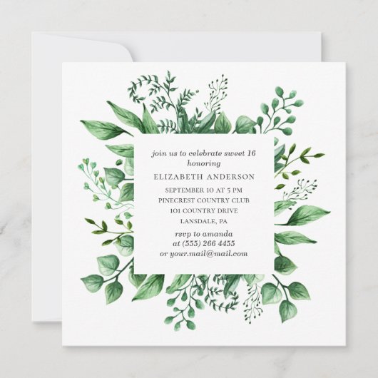 水の色の緑の甘い16.グリーン16歳の誕生日 招待状 (正面)