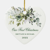 水の色の緑の私たちの初めてのクリスマスハート セラミックオーナメント (裏面)