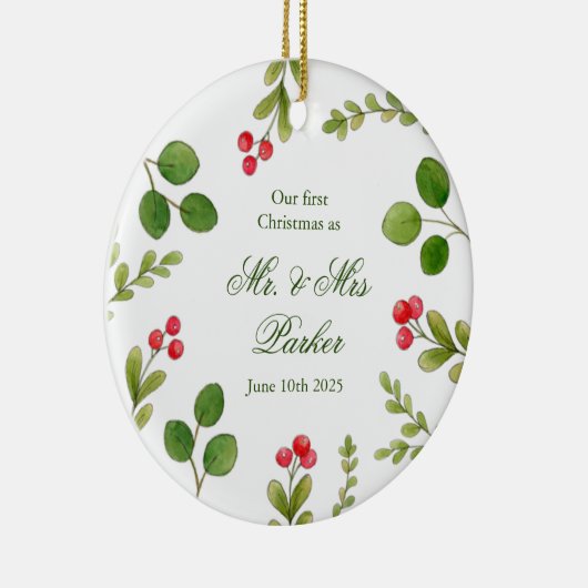 水の色の緑の私たちの初めてのクリスマス写真 セラミックオーナメント (右)