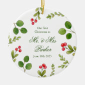 水の色の緑の私たちの初めてのクリスマス写真 セラミックオーナメント (正面)