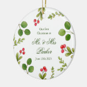 水の色の緑の私たちの初めてのクリスマス写真 セラミックオーナメント (左)