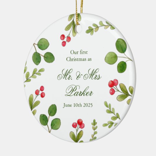 水の色の緑の私たちの初めてのクリスマス写真 セラミックオーナメント (左)