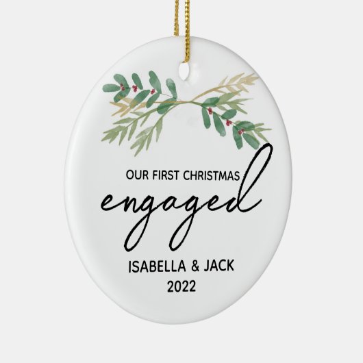 水の色の緑の私たちの初めてのクリスマス 婚約した セラミックオーナメント (右)