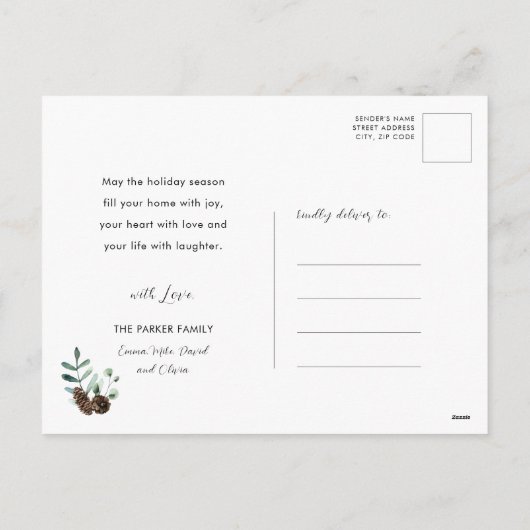 水の色の緑の素朴緑の松の円錐枝 シーズンポストカード (裏面)