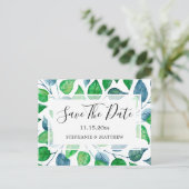 水の色の緑の葉の結婚式の日付を保存 案内ポストカード (スタンド正面)