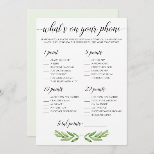 水の色の緑の葉ブライダルシャワー電話ゲーム (正面/裏面)