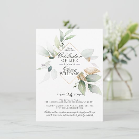 水の色の緑の金ゴールドお祝いの生活 招待状 (スタンド正面)