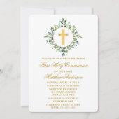 水の色の緑の金ゴールドクロスファースト聖餐式 招待状 (正面)