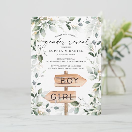 水の色の緑の金ゴールドジェンダーが赤ちゃんのシャワーを明らかにする 招待状 (スタンド正面)