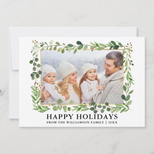 水の色の緑の金ゴールドフレームハッピーホリデー シーズンカード (正面)