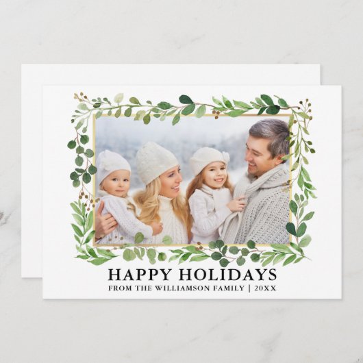 水の色の緑の金ゴールドフレームハッピーホリデー シーズンカード (正面/裏面)