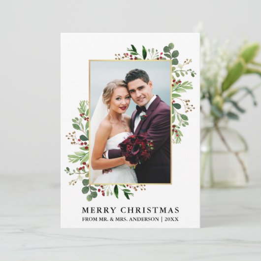 水の色の緑の金ゴールド新婚クリスマス シーズンカード (スタンド正面)