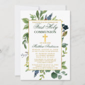 水の色の緑の金ゴールド最初の聖餐式 招待状 (正面)