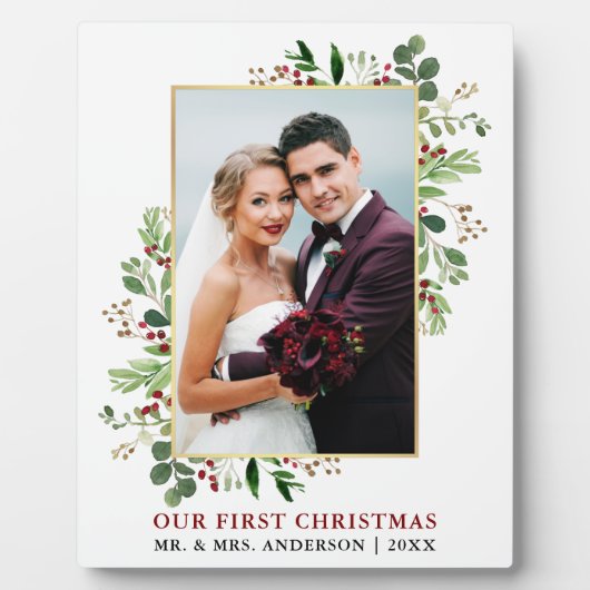 水の色の緑の金ゴールド私たちの初めてのクリスマス写真 フォトプラーク (正面)