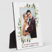 水の色の緑の金ゴールド私たちの初めてのクリスマス写真 フォトプラーク (側面)