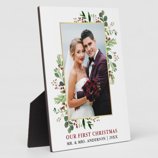 水の色の緑の金ゴールド私たちの初めてのクリスマス写真 フォトプラーク (側面)