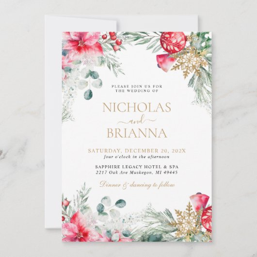 水の色の緑の金ゴールド結婚クリスマスの写真 招待状 (正面)