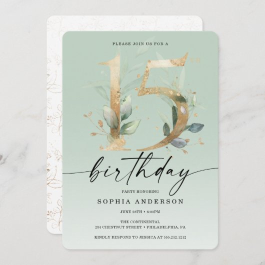 水の色の緑の金ゴールド15th誕生日パーティーInvite 招待状 (正面/裏面)