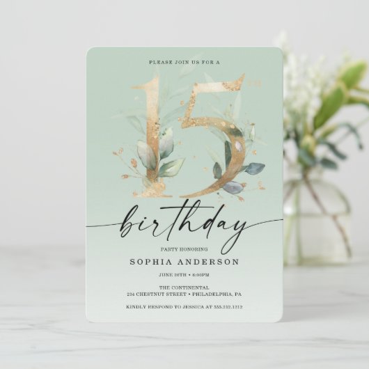水の色の緑の金ゴールド15th誕生日パーティーInvite 招待状 (スタンド正面)